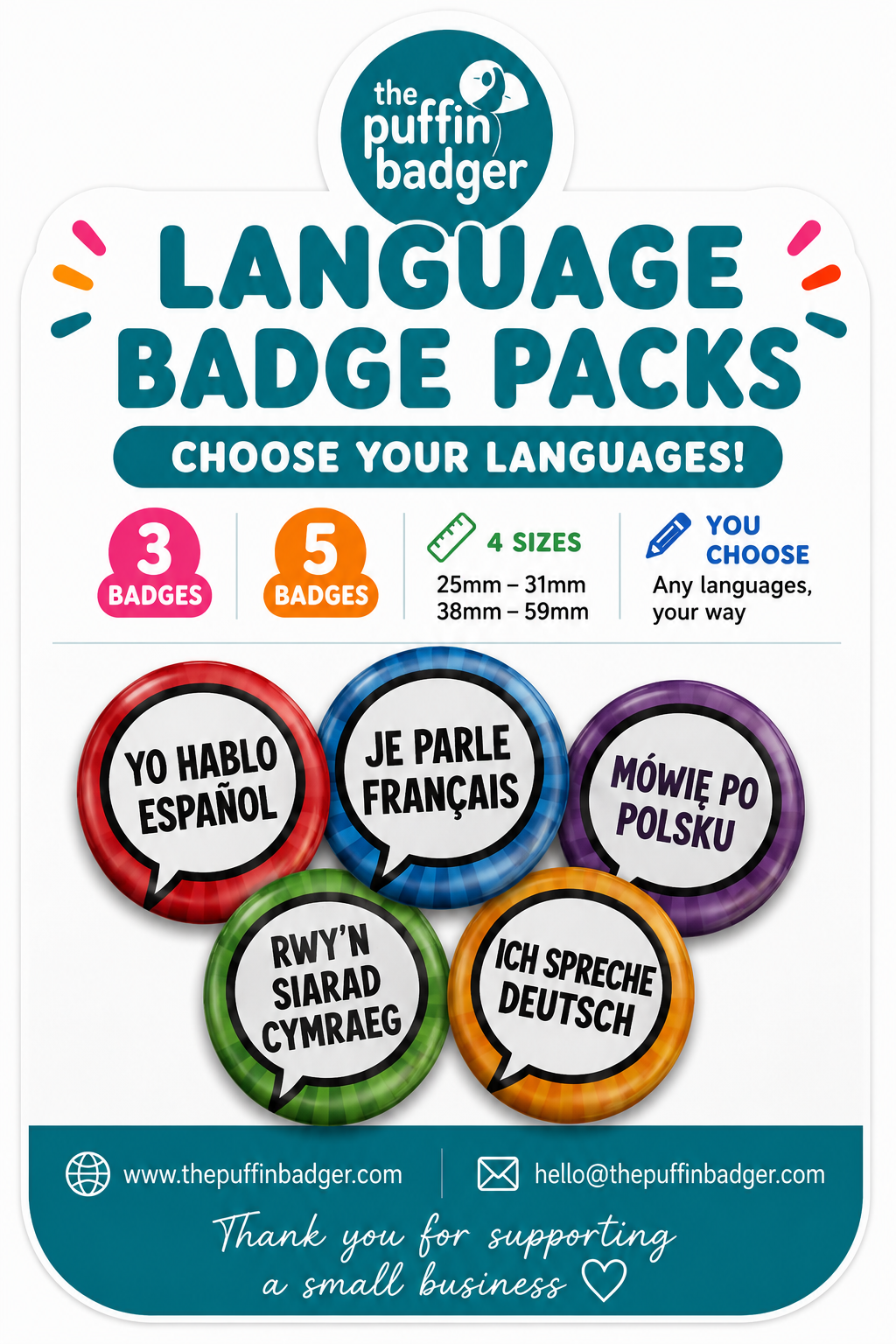 Language Badge Sets (I Speak)- Pack of 3 or 5